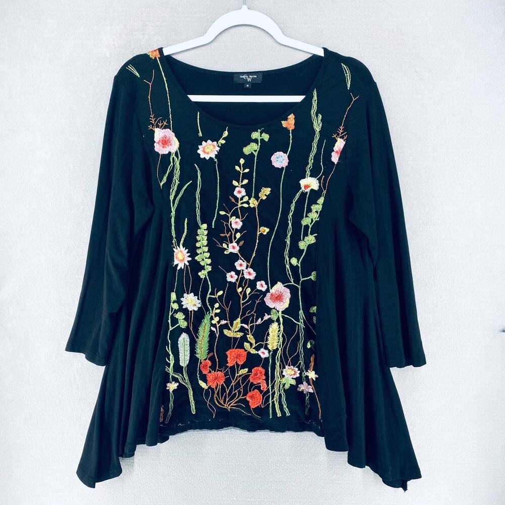 Vintage Y2K Whimsygoth Top Womens M Black Floral Fairycore Cottage Boho